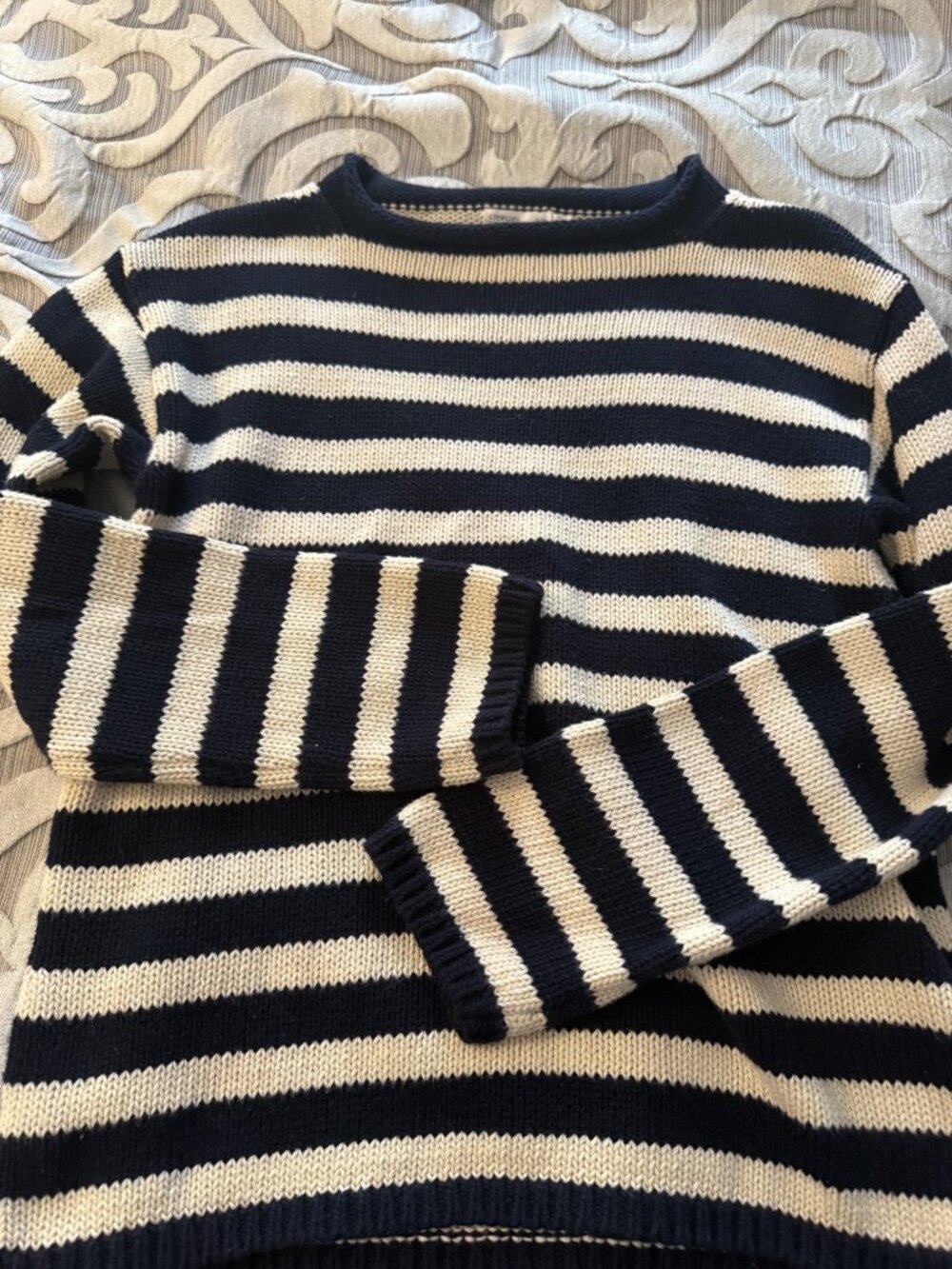 J Crew Crewcuts Navy Blue & White Striped Knit 100% Cotton Rollneck Sweater 10